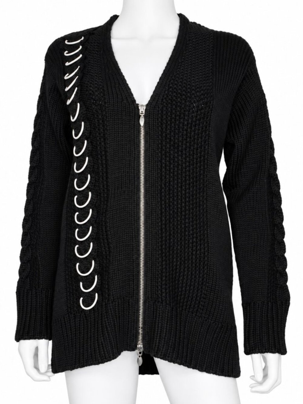 EDUN Black Chunky Knit Edgy Cardigan Sweater Cable Knit Zip Front Medium